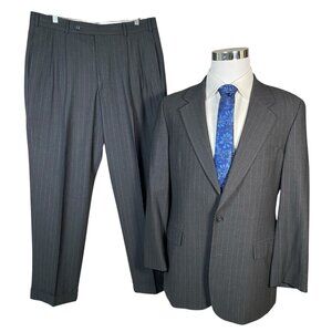 VTG Brooks Brothers Suit 41R Grey Pintstripe Pleated Trouser 35x30 Wool Stretch